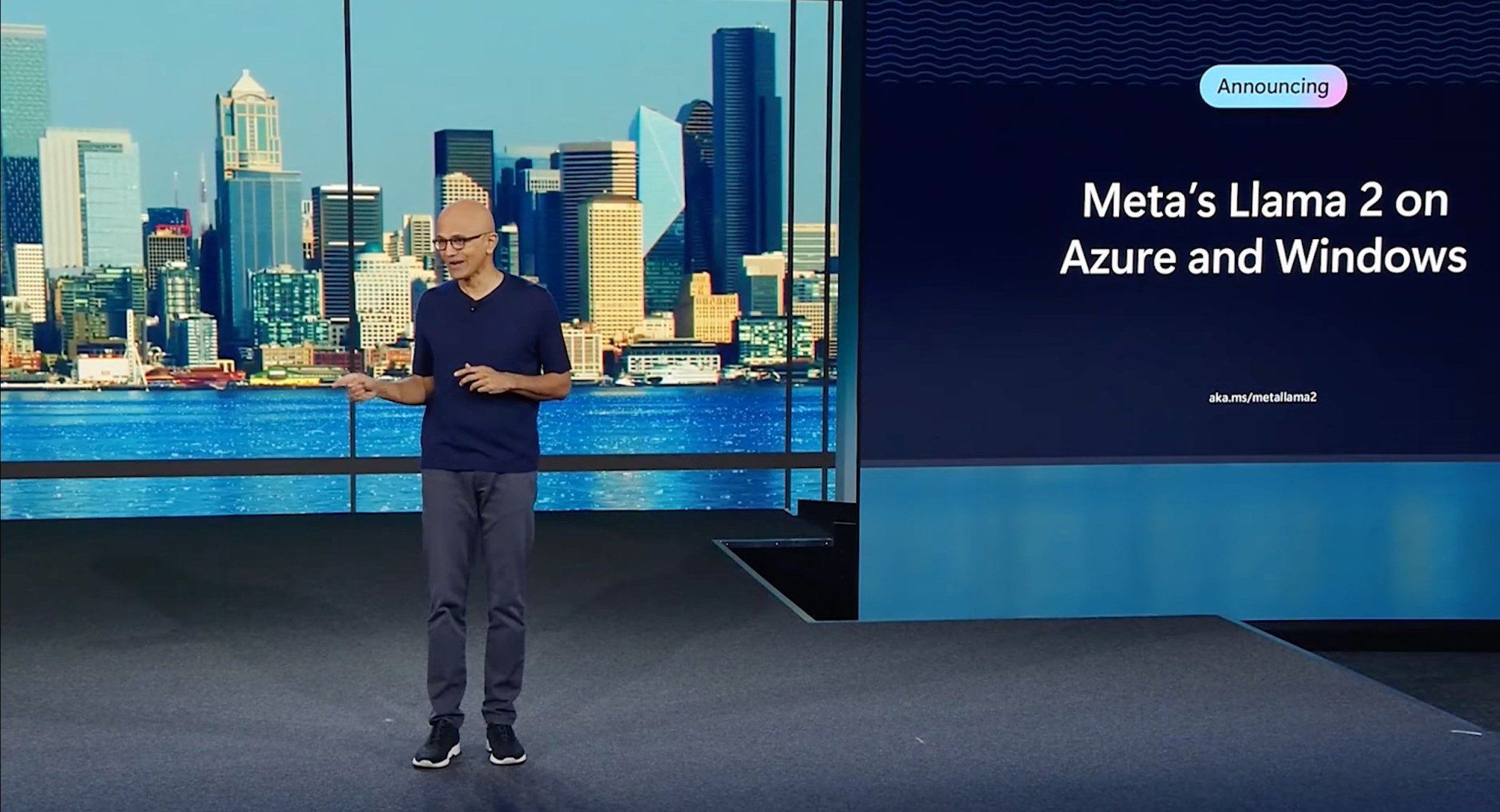 Microsoft Corp chief executive Satya Nadella announces the company’s partnership with Meta Platforms to incorporate the open-source Llama 2 large language model into its Windows operating system and Azure cloud computing platform on July 18, 2023. Photo: Handout