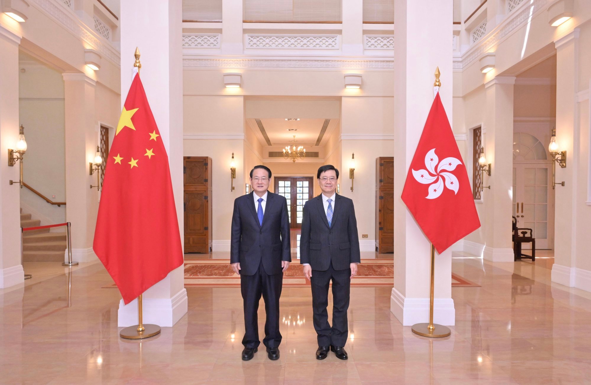Hong Kong Chief Executive John Lee (right) meets with the Secretary of the Zhejiang Chinese Communist Party Provincial Committee Yi Lianhong on June 26. Photo: Handout